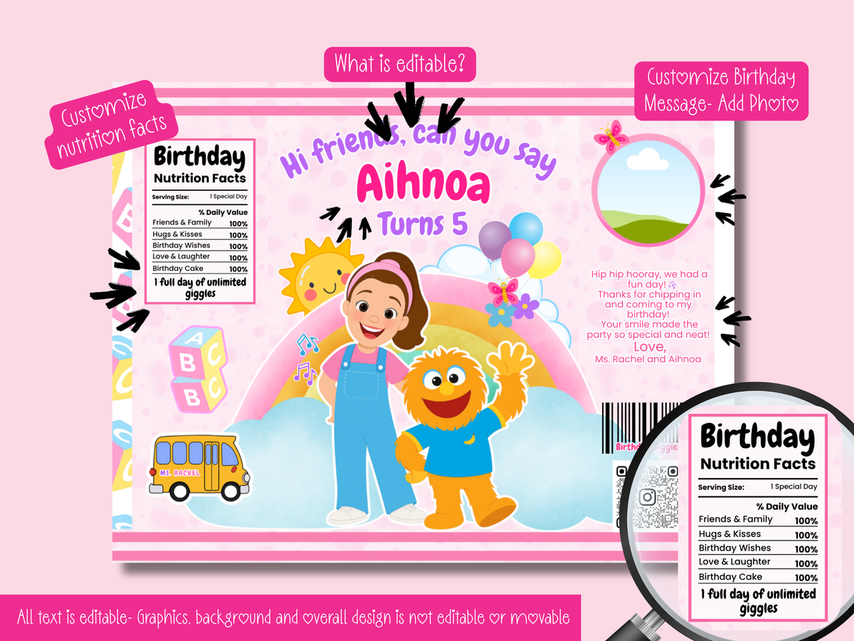 MS Rachel Inspired Printable Party Bundle Kit (Digital file) Personalize in Canva