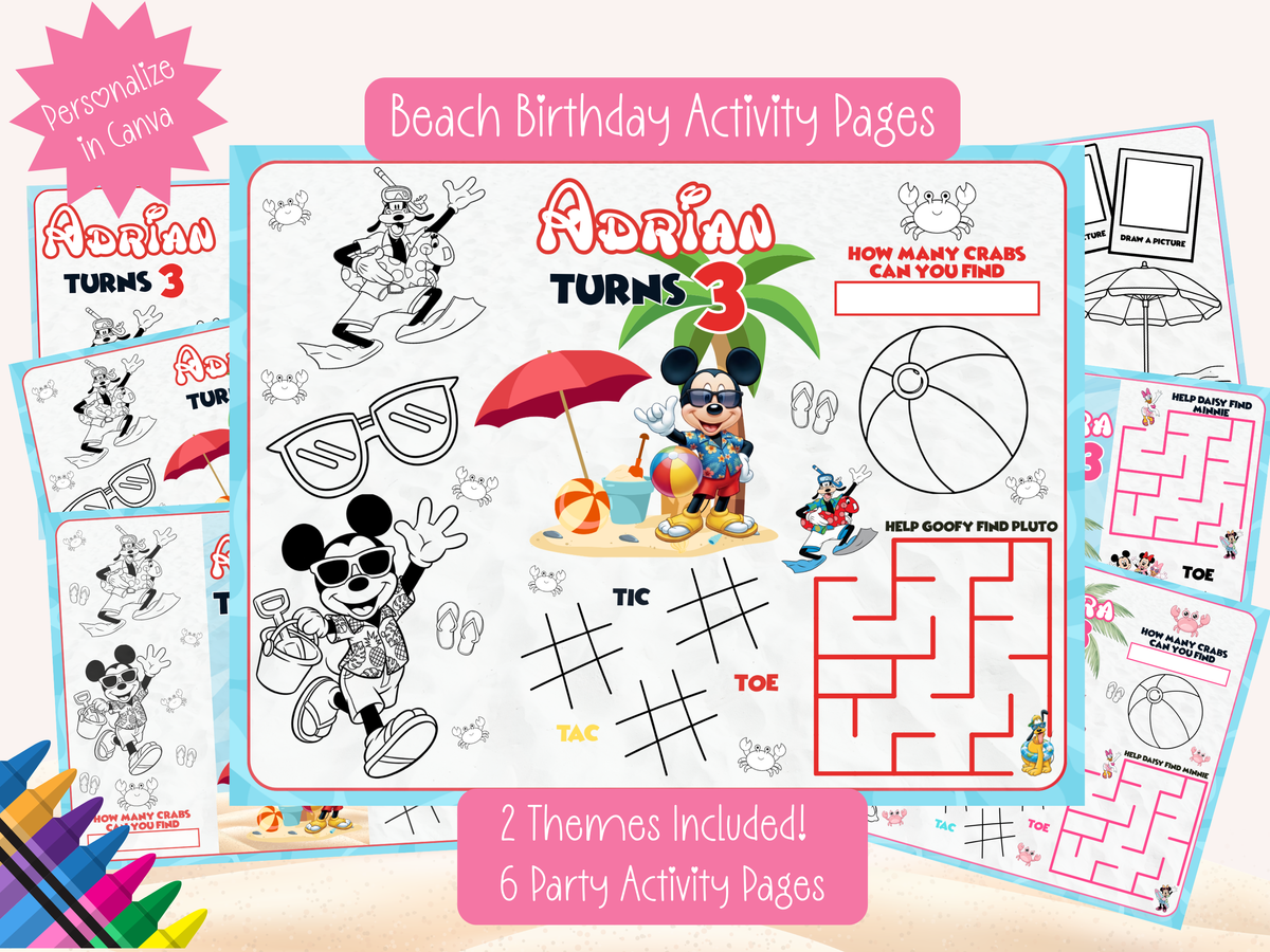 Editable Beach Mouse Party Activity Pack – Personalized Canva Templates