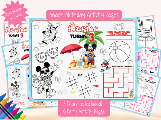 Editable Beach Mouse Party Activity Pack – Personalized Canva Templates