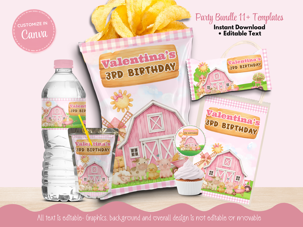 Pink Farm Party Decor Bundle| Canva Editable| Instant Download
