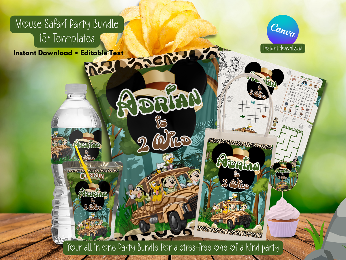 Mickey Safari Party Bundle Canva Template | Editable Jungle Birthday Decorations | Chip Bag, Capri Sun, Water Bottle Labels & More