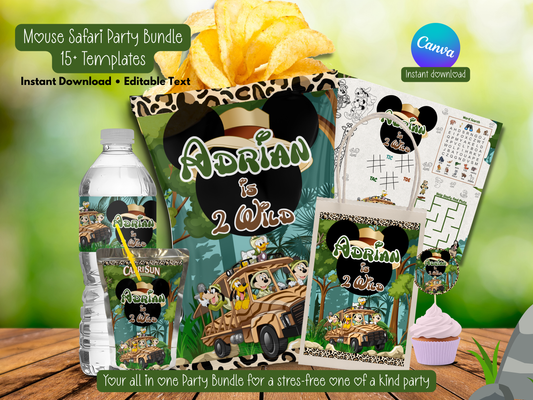 Mickey Safari Party Bundle Canva Template | Editable Jungle Birthday Decorations | Chip Bag, Capri Sun, Water Bottle Labels & More