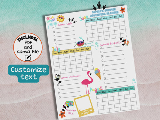 Editable Summer Planner for Kids | Canva Template + Printable PDF | Summer Bucket List, Reading Log & June–August Activity Calendar