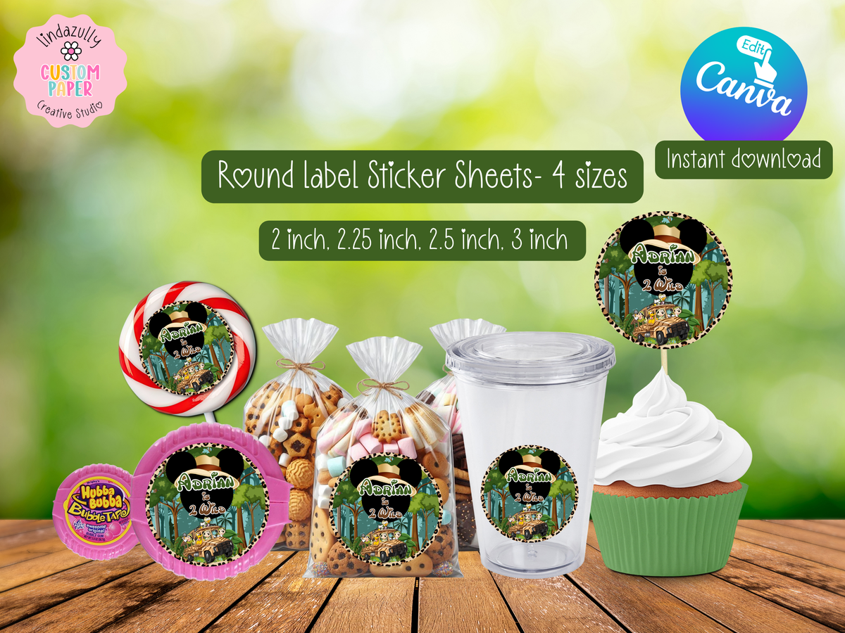 Mickey Safari Party Bundle Canva Template | Editable Jungle Birthday Decorations | Chip Bag, Capri Sun, Water Bottle Labels & More