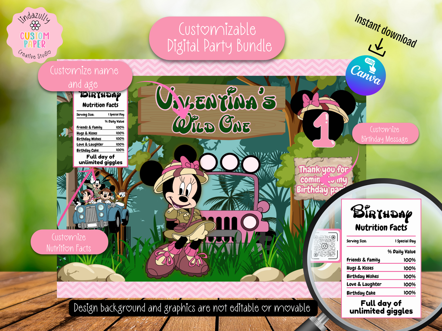 Minnie Safari Party Bundle Canva Template | Editable Jungle Birthday Decorations | Chip Bag, Capri Sun, Water Bottle Labels & More (Copy)