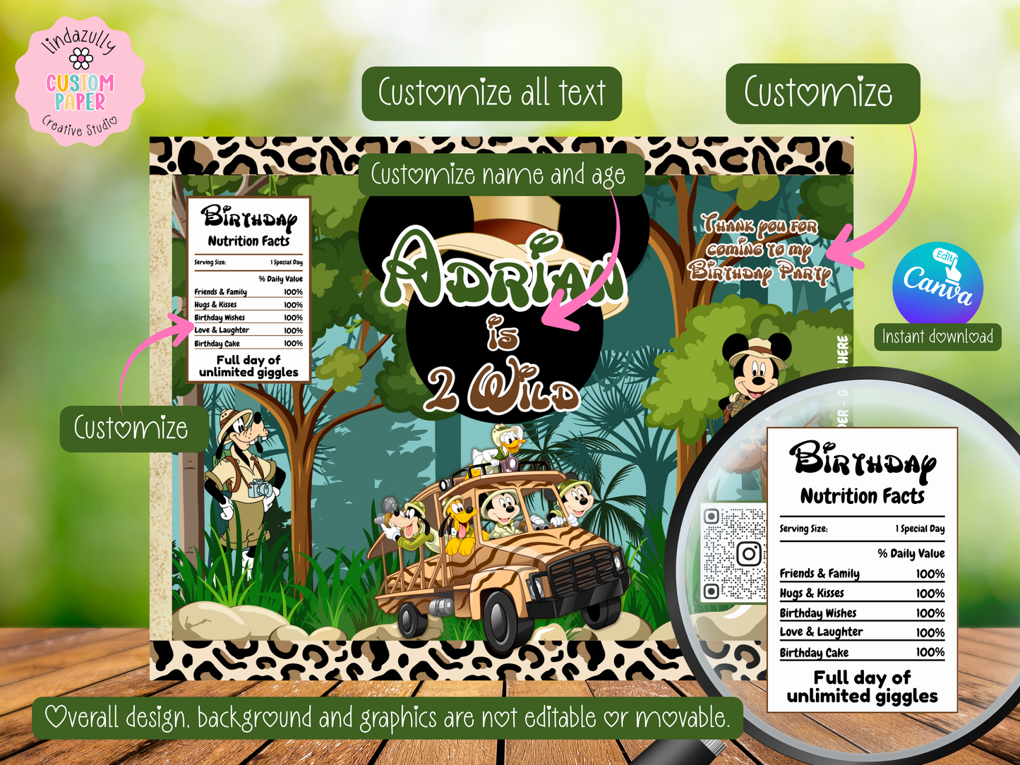 Mickey Safari Party Bundle Canva Template | Editable Jungle Birthday Decorations | Chip Bag, Capri Sun, Water Bottle Labels & More